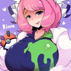 Rule 34 | 1girl, blue background, breasts, character name, commentary request, creatures (company), game freak, heart, klara (pokemon), kyouran souryuu, large breasts, long hair, mole, mole under mouth, nintendo, parted lips, pink hair, poke ball, poke ball (basic), pokemon, pokemon swsh, purple eyes, smile, solo, twitter username