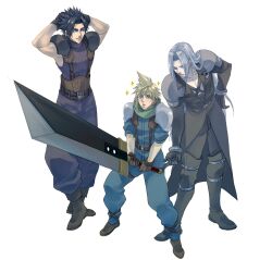 Rule 34 | 3boys, armor, arms behind head, baggy pants, belt, black footwear, black gloves, black hair, black jacket, blonde hair, blue eyes, blue pants, blue shirt, boots, buster sword, closed eyes, cloud strife, crisis core final fantasy vii, final fantasy, final fantasy vii, from above, full body, gloves, grey hair, grin, highres, holding, holding sword, holding weapon, jacket, long coat, long hair, long sleeves, male focus, multiple belts, multiple boys, pants, parted bangs, parted lips, pectorals, ryouto, sephiroth, shirt, short hair, shoulder armor, sleeveless, sleeveless turtleneck, sleeves rolled up, smile, sparkle, spiked hair, suspenders, sword, turtleneck, weapon, white background, zack fair