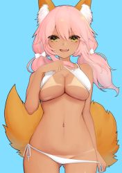 Rule 34 | 1girl, animal ear fluff, animal ears, bad id, bad twitter id, bikini, bikini pull, bikini tan, bikini top lift, blue background, bow, breasts, cleavage, clothes lift, clothes pull, cowboy shot, fang, fate/grand order, fate (series), fox ears, fox tail, gluteal fold, haani, hair bow, large breasts, lifted by self, long hair, low twintails, navel, pink hair, pulled by self, side-tie bikini bottom, simple background, smile, solo, swimsuit, tail, tamamo (fate), tamamo no mae (fate/extra), tan, tanline, twintails, white bikini, yellow eyes