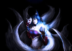 Rule 34 | 1girl, ahri (league of legends), animal ears, artist request, black background, facial mark, fox ears, fox tail, image sample, league of legends, liandrys torment, mask, solo, tail, whisker markings, yellow eyes