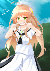 Rule 34 | 1girl, absurdres, ahoge, alternate costume, ascot, black ascot, blue sky, blush, braid, brown hair, cloud, commentary request, company connection, day, embarrassed, eyelashes, eyes visible through hair, finger to cheek, flower, green eyes, hair between eyes, hair flower, hair ornament, hands up, highres, index fingers raised, kanbe kotori, key (company), key summer 2928, long hair, looking at viewer, nervous smile, nose blush, open mouth, pink flower, puffy short sleeves, puffy sleeves, rewrite, sailor collar, school uniform, shirt, short sleeves, sidelighting, sidelocks, skirt, sky, smile, solo, summer, summer pockets, sunlight, sweatdrop, twin braids, very long hair, wavy hair, white sailor collar, white shirt, white skirt