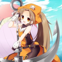 Rule 34 | 1girl, anchor, arc system works, bad id, bad pixiv id, bare shoulders, brown eyes, brown hair, fang, fingerless gloves, gloves, guilty gear, hat, long hair, may (guilty gear), open mouth, orange hat, orange shirt, pantyhose, pirate, pirate hat, ponytail, shirt, solo, yukimiya (parupunta)