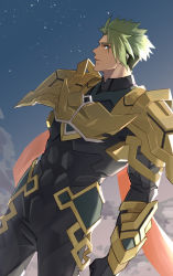 Rule 34 | 1boy, achilles (fate), armor, asymmetrical hair, brown eyes, check commentary, closed mouth, commentary request, cowboy shot, dutch angle, eyes visible through hair, fate/grand order, fate (series), green hair, haruakira, highres, looking away, male focus, short hair, shoulder armor, solo, standing, star (sky), undercut, vambraces