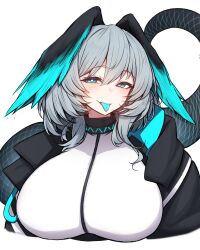 Rule 34 | 1girl, :p, absurdres, arknights, black collar, black jacket, blue eyes, blue tongue, blush, breasts, bright pupils, collar, colored tongue, grey hair, hair between eyes, head wings, highres, ho&#039;olheyak (arknights), infection monitor (arknights), jacket, large breasts, looking at viewer, medium hair, open clothes, open jacket, rikuguma, shirt, simple background, snake tail, solo, tail, tongue, tongue out, upper body, white background, white pupils, white shirt, wings