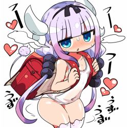 Rule 34 | 1girl, backpack, bag, blue eyes, blunt bangs, blush, covered navel, gradient hair, hairband, heart, horns, kanikama, kanna kamui, kobayashi-san chi no maidragon, leaning forward, long hair, looking at viewer, low twintails, lowres, multicolored hair, one-piece swimsuit, parted lips, purple hair, randoseru, school swimsuit, solo, sweatdrop, swimsuit, tail, thighhighs, twintails, very long hair, white one-piece swimsuit, white school swimsuit, white thighhighs