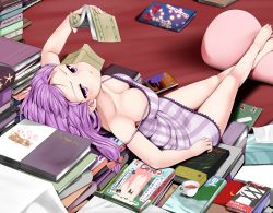 Rule 34 | 1girl, adapted costume, bare legs, barefoot, bat wings, book, breasts, cameo, cleavage, crossed legs, cup, downblouse, dress, faceless, faceless female, feet, female focus, forehead, head wings, hijiri byakuren, holding, holding book, jitome, koakuma, lace, lace-trimmed dress, lace trim, large breasts, long hair, looking at viewer, lying, miki purasu, no bra, no headwear, open book, patchouli knowledge, pillow, pun, purple dress, purple eyes, purple hair, purple skirt, reading, short dress, sitting, skirt, sleeveless, sleeveless dress, solo, spaghetti strap, strap slip, striped clothes, striped dress, teacup, touhou, vertical-striped clothes, vertical-striped dress, wings