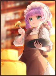 Rule 34 | 1girl, :o, alternate costume, apron, blurry, blurry background, blush, brown apron, commentary request, date (mamanonamaebot), depth of field, dress, enmaided, food, fork, green eyes, highres, holding, holding fork, holding tray, long hair, looking at viewer, low twintails, maid, maid apron, maid headdress, mochi hiyoko, open mouth, puffy short sleeves, puffy sleeves, purple hair, short sleeves, short twintails, sidelocks, solo, syrup, tray, twintails, virtual youtuber, white dress