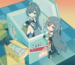 Rule 34 | 2girls, absurdres, bare shoulders, black hair, blue eyes, box, chibi, china dress, chinese clothes, cooler, dress, food, fu hua, fu hua (azure empyrea), fu hua (herrscher of sentience), full body, hair ornament, highres, holding, holding food, holding popsicle, honkai (series), honkai impact 3rd, huang tie lin, long hair, long sleeves, looking at viewer, multiple girls, popsicle, red eyes, sitting, standing, tile floor, tiles, triangle mouth, white dress