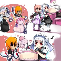 Rule 34 | 2girls, absurdres, apron, bad id, bad pixiv id, baking, bloody marie (skullgirls), blush, cake, captain kirb, checkered apron, checkered clothes, collaboration, cooking, extra eyes, eye socket, food, frills, fruit, gloves, hair ornament, heart, highres, kitchen, magicalchan, maid headdress, mechanical arms, mixing bowl, multiple girls, musical note, orange hair, oven, pantyhose, peacock (skullgirls), quaver, red eyes, ribbon, saliva, sharp teeth, short hair, simple background, skull, skull hair ornament, skullgirls, star (symbol), strawberry, teeth, tongue, tongue out, twintails, whisk, white gloves