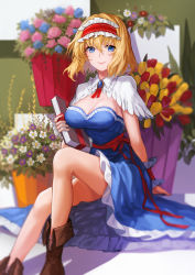 Rule 34 | 1girl, adapted costume, alice margatroid, arm support, bare legs, blonde hair, blue dress, blue eyes, book, boots, breasts, brooch, brown footwear, capelet, cleavage, closed mouth, dress, female focus, flower, frilled hairband, frills, gem, hair between eyes, hairband, holding, holding book, jewelry, knee up, large breasts, legs, looking at viewer, neck ribbon, red hairband, red ribbon, ribbon, blue gemstone, shadow, short hair, sitting, smile, solo, strapless, strapless dress, touhou, vetina, white capelet