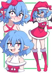 Rule 34 | 1girl, bat wings, blue hair, blush, boots, christmas, commentary, dress, elbow gloves, english commentary, fang, fang out, fangs, full body, fur-trimmed boots, fur-trimmed dress, fur-trimmed gloves, fur trim, gloves, halterneck, hat, highres, holding, holly, jitome, knee boots, looking at viewer, multiple views, naked ribbon, nose, off-shoulder dress, off shoulder, open mouth, pointy ears, red eyes, remilia scarlet, ribbon, santa costume, santa hat, short dress, short hair, smile, smug suriipi, touhou, wings