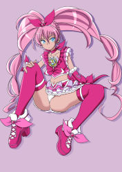 Rule 34 | 10s, 1girl, blue eyes, boots, braid, choker, cure melody, earrings, frilled skirt, frills, heart, high heels, houjou hibiki, jewelry, long hair, looking at viewer, magical girl, midriff, navel, panties, pantyshot, pink background, pink hair, pink skirt, pink theme, pink thighhighs, precure, shirt, shoes, simple background, sitting, skirt, solo, suite precure, thighhighs, tospal, twintails, underwear, upskirt, very long hair, wrist cuffs