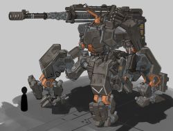 Rule 34 | ak ban22, extra legs, gun, holding, holding gun, holding weapon, horns, looking ahead, mecha, military, original, robot, science fiction, shoulder cannon, silhouette, single horn, size comparison, solo focus, standing, weapon