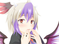 Rule 34 | 1girl, close-up, curiosities of lotus asia, female focus, hands on own face, head wings, highres, horns, looking at viewer, multicolored hair, ogami kazuki, purple hair, red eyes, short hair, silver hair, solo, tokiko (touhou), touhou, two-tone hair, wings