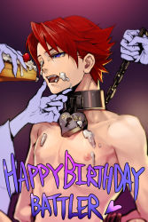 Rule 34 | 00s, 1boy, agasang, arms behind back, awkward, bdsm, beatrice (umineko), birthday, blue eyes, bondage, bound, cake, chain, cherry, clothed on nude, collar, eating, feeding, food, food on body, fruit, gloves, happy, happy birthday, heart, heart-shaped lock, holding, hungry, icing, keyhole, leash, lock, male focus, nipples, nude, one eye closed, open mouth, pastry, pet play, red hair, ronove (umineko), sexually suggestive, sitting, slave, solo, spread legs, strawberry, tears, text focus, umineko no naku koro ni, ushiromiya battler, wink