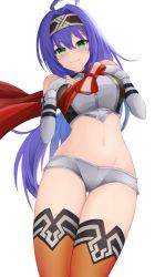 Rule 34 | 1girl, ahoge, bare shoulders, black hairband, breasts, commentary request, cowboy shot, crop top, elbow gloves, fingerless gloves, fire emblem, fire emblem: radiant dawn, fire emblem heroes, gloves, green eyes, grey gloves, grey shorts, hair between eyes, hairband, highres, large breasts, long hair, looking at viewer, mia (fire emblem), micro shorts, midriff, navel, nintendo, official alternate costume, orange thighhighs, purple hair, ryuusaki rei, shirt, short shorts, shorts, simple background, sleeveless, sleeveless shirt, smile, solo, standing, stomach, thighhighs, thighs, very long hair, white background