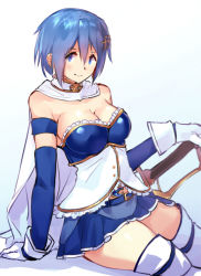 Rule 34 | 1girl, arm support, armband, bare shoulders, blue eyes, blue hair, blush, breasts, cape, cleavage, commentary request, elbow gloves, fortissimo, frilled shirt, frills, gloves, hair between eyes, hair ornament, hairclip, large breasts, looking at viewer, magical girl, mahou shoujo madoka magica, mahou shoujo madoka magica (anime), medium breasts, miki sayaka, musical note, musical note hair ornament, negresco, pleated skirt, shirt, short hair, sitting, skirt, smile, solo, soul gem, sword, thick thighs, thighhighs, thighs, weapon, white cape, white gloves, white thighhighs