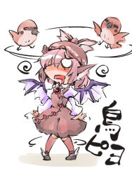 Rule 34 | 1girl, animal ears, bird, bow, chibi, confused, dazed, dress, drooling, hat, mystia lorelei, pink hair, shinapuu, short hair, simple background, solo, sparrow, touhou, translation request, white background, wings