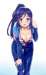 Rule 34 | 10s, 1girl, bikini, blue background, blue hair, blush, bodysuit, breasts, cleavage, collarbone, diving suit, front-tie bikini top, front-tie top, gradient background, jumpsuit, kurokawa makoto, leaning forward, long hair, looking at viewer, love live!, love live! school idol festival, love live! sunshine!!, matsuura kanan, medium breasts, open bodysuit, open clothes, ponytail, purple eyes, shiny clothes, sidelocks, simple background, skin tight, smile, solo, standing, striped bikini, striped clothes, swimsuit, two-tone background, unzipped, water drop, wet, wetsuit, white background