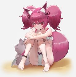 Rule 34 | 1girl, animal ears, ankleband, arknights, bannouyakunta, bikini, black bow, bow, commentary, fox ears, fox girl, fox tail, hair bow, hair intakes, knees up, long hair, looking at viewer, pink hair, red eyes, shamare (arknights), sitting, solo, stuffed animal, stuffed toy, swimsuit, tail, twintails, white bikini