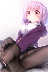 Rule 34 | 10s, 1girl, blush, breasts, e-note, feet, foot focus, gridman universe, large breasts, light purple hair, looking at viewer, no shoes, pantyhose, pov, purple eyes, shinjou akane, smile, soles, ssss.gridman, toes