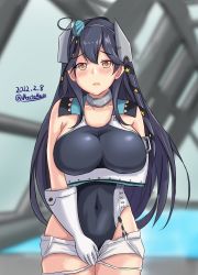 Rule 34 | 1girl, aqua hat, aqua neckerchief, black hair, black one-piece swimsuit, black ribbon, blush, breast hold, breasts, brown gloves, competition swimsuit, cosplay, dated, elbow gloves, garrison cap, gloves, hair between eyes, hair ribbon, hat, highleg, highleg swimsuit, highres, indoors, kantai collection, large breasts, long hair, looking at viewer, montemasa, neckerchief, one-piece swimsuit, open mouth, rei no pool, ribbon, scamp (kancolle), scamp (kancolle) (cosplay), shorts, solo, swimsuit, twitter username, two-tone swimsuit, ushio (kancolle), water, white gloves, white one-piece swimsuit, white shorts