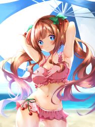 Rule 34 | .live, absurdres, armpits, arms up, beach, bikini, blue eyes, blurry, blurry background, blush, breasts, brown hair, cleavage, commentary request, day, hair ribbon, highres, kakyouin chieri, kishikino, large breasts, long hair, looking at viewer, navel, ocean, ribbon, sky, solo, swimsuit, umbrella, virtual youtuber