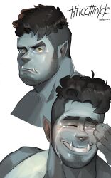 Rule 34 | 1boy, bara, beard stubble, black hair, blue skin, blush, body freckles, chivo (kalchivo), colored skin, commission, cropped shoulders, facial hair, facing viewer, freckles, frown, grin, happy tears, highres, looking at viewer, looking to the side, male focus, mature male, monster boy, multiple views, mustache stubble, orc, original, pointy ears, raised eyebrow, second-party source, short hair, smile, stubble, tears, thicc thokk (jpsr388), thick eyebrows, thick neck, tusks, undercut, white background, wiping tears