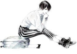 Rule 34 | 1girl, black hair, full body, head rest, looking at viewer, monochrome, original, own hands together, pants, shoes, short hair, sitting, solo, sousou (sousouworks), spot color, striped clothes, striped pants, suitcase, vertical stripes, yellow eyes