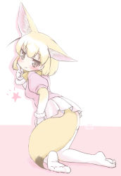 Rule 34 | 1girl, :3, animal ears, blonde hair, blush, brown eyes, elbow gloves, extra ears, fennec (kemono friends), fox ears, fox girl, fox tail, from behind, gloves, highres, kemono friends, kneeling, looking at viewer, looking back, multicolored clothes, multicolored gloves, multicolored hair, no shoes, pink sweater, pleated skirt, puffy short sleeves, puffy sleeves, short hair, short sleeves, skirt, solo, sweater, tail, thighhighs, uho (uhoyoshi-o), white gloves, white hair, white skirt, white thighhighs, yellow gloves, zettai ryouiki