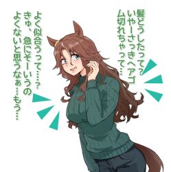 Rule 34 | 1girl, animal ears, bad id, bad twitter id, black pants, blush, breasts, brown hair, casual, dutch angle, from side, green eyes, green sweater, hair down, highres, horse ears, horse girl, horse tail, large breasts, long hair, looking to the side, mejiro palmer (umamusume), multicolored hair, pants, ribbed sweater, solo, streaked hair, suecovsky, sweater, tail, umamusume, wavy hair, white hair