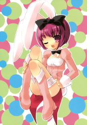 Rule 34 | 1girl, :d, absurdres, animal ears, boots, bow, rabbit ears, fake animal ears, female focus, full body, hair bow, highres, ito noizi, long sleeves, open mouth, playboy bunny, red eyes, short hair, smile, solo, wink