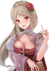 Rule 34 | 1girl, absurdres, arch bishop (ragnarok online), blonde hair, blush, book, breasts, cleavage, collarbone, covered collarbone, dress, eyelashes, fingernails, flower, grey dress, hair flower, hair ornament, hand up, high collar, highres, holding, holding book, juliet sleeves, leaf, long hair, long sleeves, looking at viewer, low-tied long hair, margaretha sorin, medium breasts, open mouth, parted bangs, pink flower, pink lips, pink rose, puffy sleeves, ragnarok online, red dress, red eyes, rose, sail (sail-away), sidelocks, simple background, smile, solo, teeth, two-tone dress, upper body, upper teeth only, white background, wide sleeves