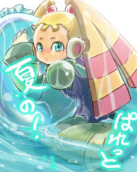 Rule 34 | 1girl, android, blonde hair, blue eyes, breasts, capcom, female focus, gloves, hakushin, innertube, looking at viewer, looking back, mega man (series), mega man x8, mega man x (series), one-piece swimsuit, pallette (mega man), partially submerged, petite, robot ears, school swimsuit, small breasts, solo, swim ring, swimsuit, text focus, translation request, twintails, water, wet, white background, white gloves
