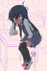 Rule 34 | 1girl, @ @, antenna hair, asashio (kancolle), bdsm, between legs, black hair, black thighhighs, blue eyes, blush, bondage, book, bound, breath, chair, classroom, clenched hand, constricted pupils, cuffs, desk, dress, embarrassed, eraser, flat chest, full-face blush, full body, grey dress, hand between legs, hand up, handcuffs, have to pee, highres, holding, indoors, kantai collection, leaning forward, legs together, long hair, long sleeves, narumiya (narumiya), open book, open mouth, pencil, pinafore dress, red footwear, school desk, shirt, shoes, sitting, sleeveless, sleeveless dress, solo focus, tears, textless version, thighhighs, trembling, white shirt, x-ray