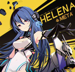 Rule 34 | 1girl, absurdres, ahoge, armpits, azur lane, black gloves, blue hair, breasts, character name, cleavage, clothing cutout, copyright name, dress, elbow gloves, gloves, hair between eyes, helena (azur lane), highres, leaning to the side, long hair, orange eyes, outstretched arm, rabe26k, retrofit (azur lane), side cutout, smile, solo, underboob cutout, white dress, yellow background