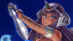 Rule 34 | 1girl, aircraft, airplane, armband, blue eyes, dark-skinned female, dark skin, eyebrows, f-101 voodoo, facial mark, fighter aircraft, fighter jet, gloves, headgear, jet, long hair, looking at viewer, mc axis, mikoyan, military, military vehicle, missile, open mouth, original, penetration fighter, penetrator (aircraft), personification, purple hair, solo, united states air force, voodoo doll