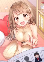 Rule 34 | 1girl, :o, absurdres, akowazaki, bare arms, bare shoulders, belt, blush, book, bookshelf, breasts, brown eyes, brown hair, collarbone, commentary request, dress, earrings, embarrassed, flying sweatdrops, heart, heart-shaped pillow, highres, indoors, jar, jewelry, long hair, looking at viewer, medium breasts, mole, mole under mouth, nail polish, open mouth, original, photo (object), pillow, ribbed dress, sleeveless, sleeveless dress, solo, sweat, v-shaped eyebrows, yearbook