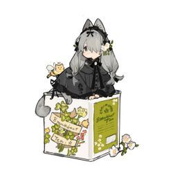 Rule 34 | 1girl, :/, animal ears, animal feet, black dress, black ribbon, cat ears, cat tail, closed mouth, creature, dress, flower, full body, green eyes, grey hair, hair flower, hair ornament, hair over one eye, long hair, long sleeves, looking at viewer, low twintails, neck ribbon, original, ribbon, simple background, sitting, solo, starshadowmagician, tail, twintails, white background, white flower
