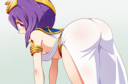 Rule 34 | 1girl, all fours, armlet, ass, bare shoulders, bent over, breasts, circlet, commentary request, egyptian, egyptian clothes, from behind, highres, jashin-chan dropkick, medium breasts, medium hair, medusa (jashin-chan dropkick), open mouth, purple eyes, purple hair, sat-c, side slit, sideboob, simple background, solo, usekh collar, white background