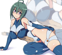 Rule 34 | 1girl, ahoge, bare shoulders, blue leotard, blush, breasts, closed mouth, commentary request, covered navel, elbow gloves, facial mark, gloves, gluteal fold, green hair, hair between eyes, highres, kannagi itsuki, large breasts, leotard, looking at viewer, lying, on side, ponponmaru, purple eyes, shiny clothes, shiny skin, short hair, solo, sora wo kakeru shoujo, thighhighs, white background, zoom layer