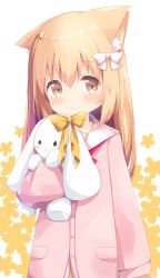 Rule 34 | 1girl, absurdres, animal ear fluff, animal ears, blush, bow, brown eyes, closed mouth, commentary request, floral background, hair between eyes, hair bow, highres, jacket, light brown hair, long hair, looking at viewer, miike-chan, nakkar, hugging object, original, pink jacket, sailor collar, smile, solo, stuffed animal, stuffed rabbit, stuffed toy, white background, white bow, white sailor collar, yellow bow
