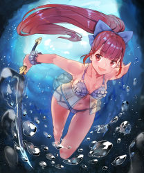 Rule 34 | 1girl, :d, air bubble, bad id, bad pixiv id, barefoot, bikini, blunt bangs, bubble, freediving, gradient background, long hair, open mouth, original, ponytail, red eyes, red hair, see-through, shovelwall, shovelwell, smile, solo, swimming, swimsuit, sword, underwater, weapon