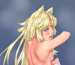 Rule 34 | 1girl, animal ears, bad id, bad pixiv id, blonde hair, blue eyes, blush, breasts, convenient censoring, ewokaku kitsune, eyelashes, hair censor, holding, long hair, looking at viewer, looking back, nape, nude, open mouth, original, shiny skin, shoulder blades, simple background, small breasts, solo, spine, steam, towel, upper body, water drop, wet