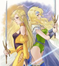 Rule 34 | 2girls, alternate costume, amano yoshitaka design, armor, back-to-back, blonde hair, blue eyes, blue headband, cape, celes chere, closed mouth, dual persona, earrings, final fantasy, final fantasy vi, hair ornament, headband, holding, holding sword, holding weapon, jewelry, leotard, multiple girls, pants, regan (hatsumi), shoulder armor, strapless, strapless leotard, sword, thighs, vest, weapon, white cape, yellow pants, yellow vest