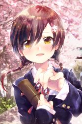 Rule 34 | 1girl, black hair, braid, brown eyes, cherry blossoms, crying, crying with eyes open, ech, flower, graduation, hair flower, hair ornament, jewelry, long hair, looking at viewer, open mouth, original, reaching, reaching towards viewer, ring, school uniform, solo, tears, tube, twin braids, upper body