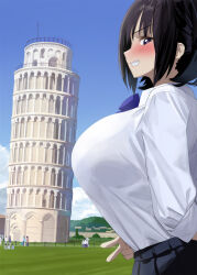 Rule 34 | 1girl, black hair, black skirt, blue bow, blue bowtie, blue eyes, blush, bow, bowtie, breasts, commentary request, day, grin, kaisen chuui, large breasts, leaning tower of pisa, long sleeves, looking to the side, original, outdoors, pleated skirt, school uniform, shirt, shirt tucked in, sideways glance, skirt, smile, solo focus, v, white shirt