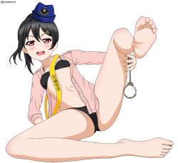 Rule 34 | 1girl, artist name, barefoot, black hair, blush, cuffs, dorsalec, feet, full body, hair ornament, hairclip, handcuffs, hat, highres, long hair, looking at viewer, love live!, love live! school idol project, navel, open mouth, presenting, red eyes, simple background, smile, smug, solo, spread legs, white background, yazawa nico