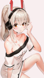 Rule 34 | 1girl, :o, absurdres, artist name, ayanami (azur lane), ayanami (niconico) (azur lane), azur lane, bare shoulders, blonde hair, blush, breasts, cleavage, clothes writing, collarbone, hair between eyes, hair intakes, hair ornament, hand in own hair, headgear, headphones, highres, kian, long hair, looking at viewer, medium breasts, orange eyes, ponytail, shirt, short sleeves, simple background, sitting, solo, thighs, white background, white shirt