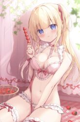 Rule 34 | 1girl, bare shoulders, basket, between breasts, between legs, blonde hair, blue eyes, blush, bow, bow bra, bra, breasts, closed mouth, collarbone, commentary request, food, frilled bra, frilled panties, frills, fruit, hair ribbon, hand between legs, highres, holding, holding food, long hair, looking at viewer, medium breasts, miyasaka naco, navel, one side up, original, panties, pink bra, pink panties, pink ribbon, ribbon, smile, solo, strawberry, underwear, underwear only